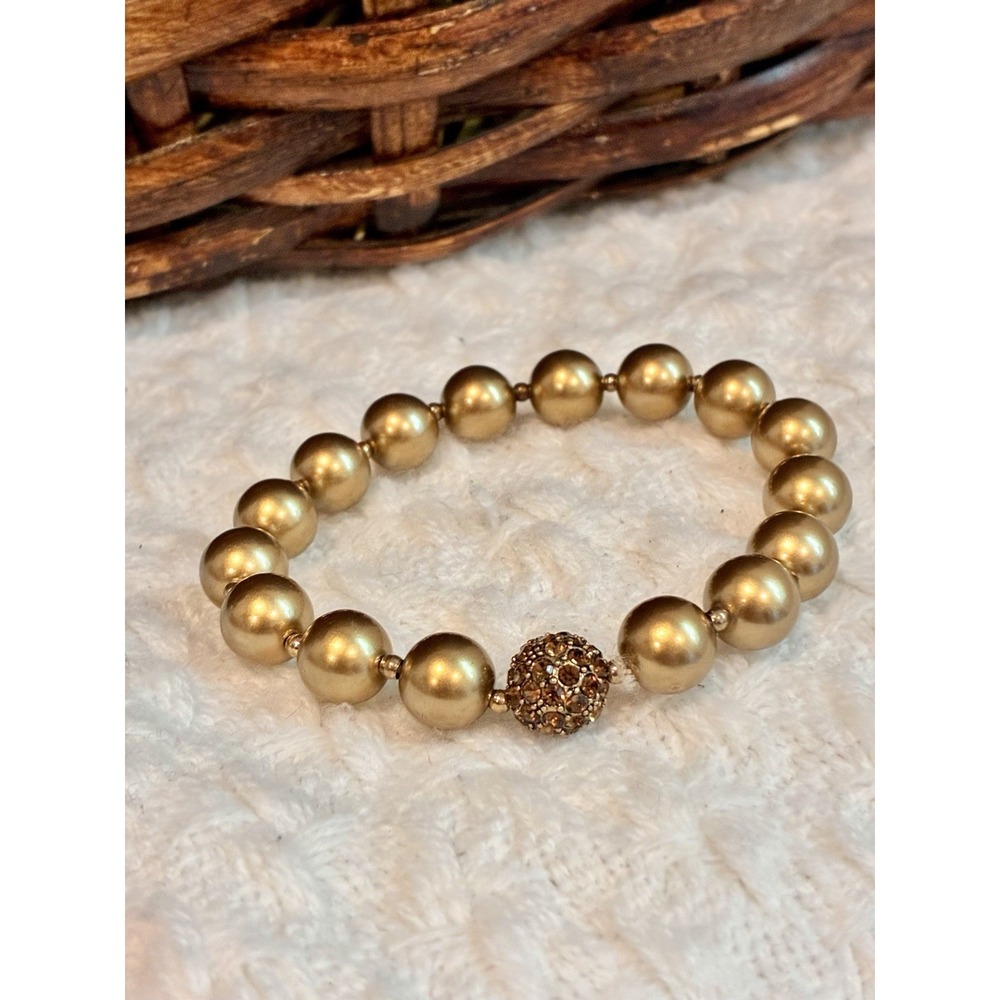 Gold Tone Beaded Stretch Bracelet Rhinestone Pave Ball Chunky Y2K Glam Statement